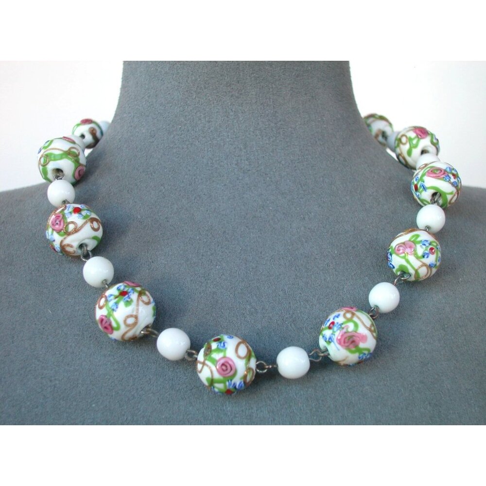 Hand-Painted Porcelain Bead Jewelry Set: Necklace 16" Bracelet Size 6 & Screwbac